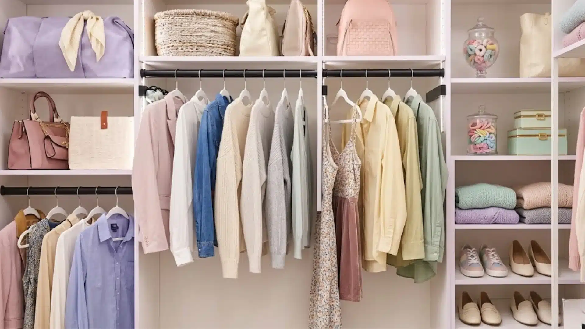 A neatly organized walk-in closet filled with pastel and neutral-colored clothing, bags, and shoes
