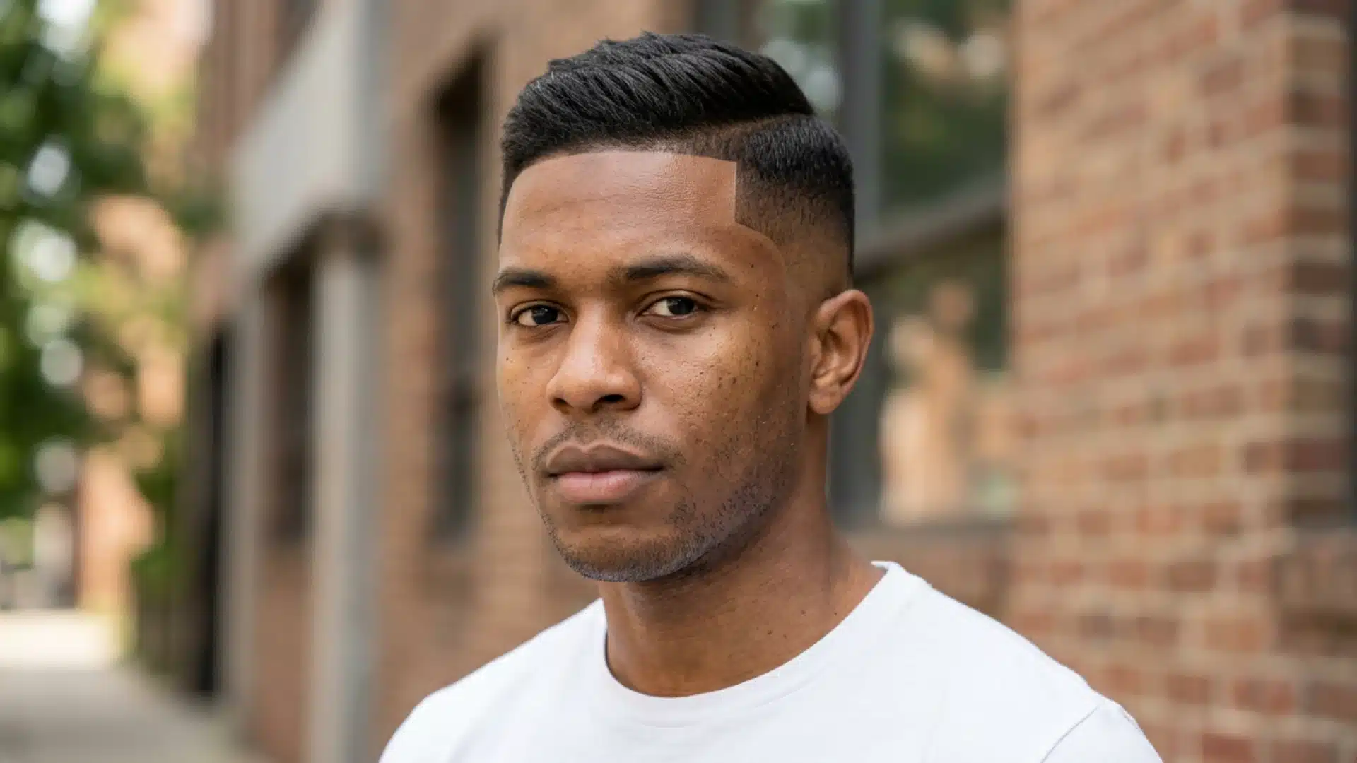 Angled front portrait of line up side swept crew cut, geometric hairline edge in sharp relief