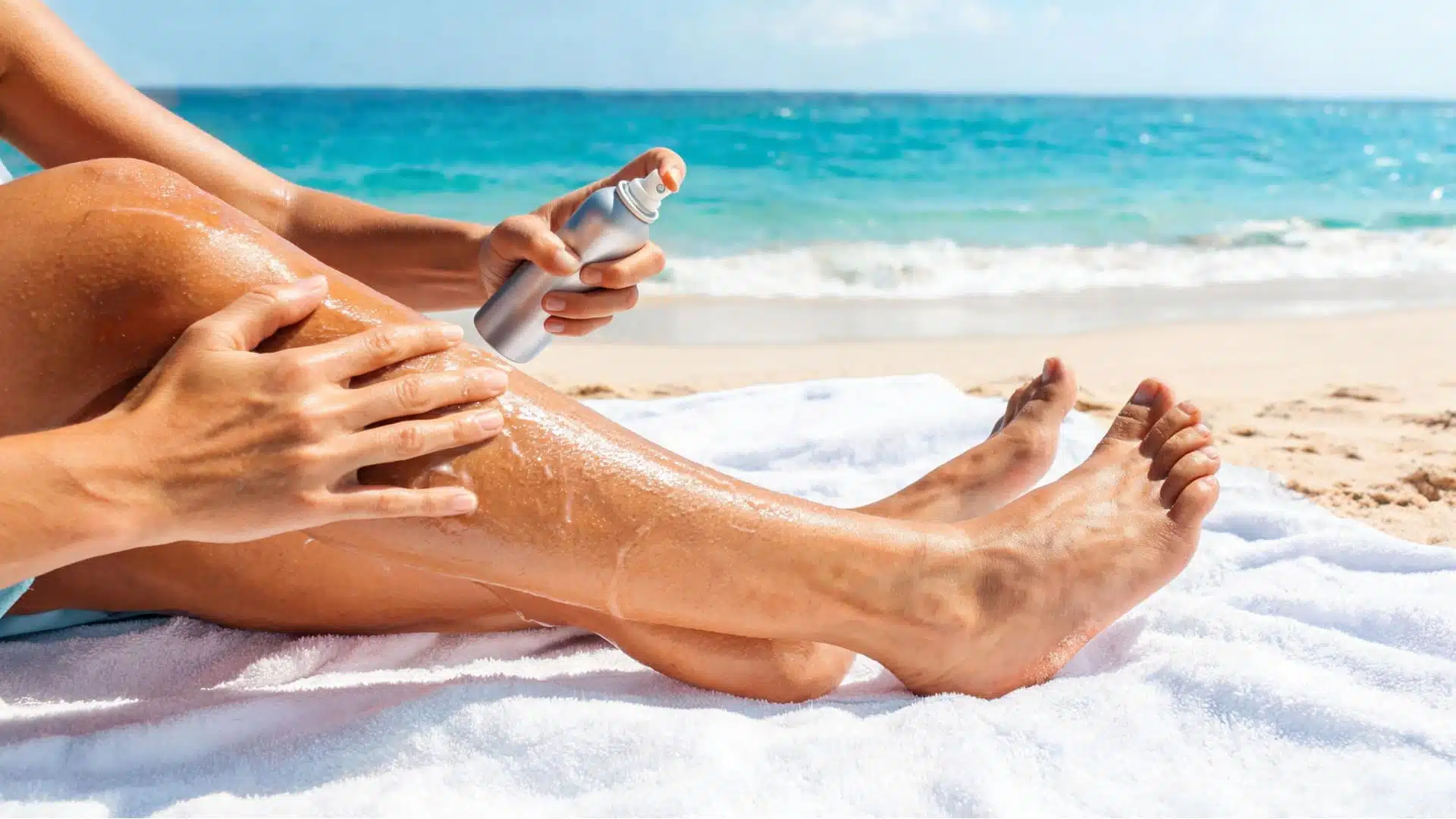 A person applying tanning oil from a spray bottle onto their legs while relaxing on a beach towel by the ocean