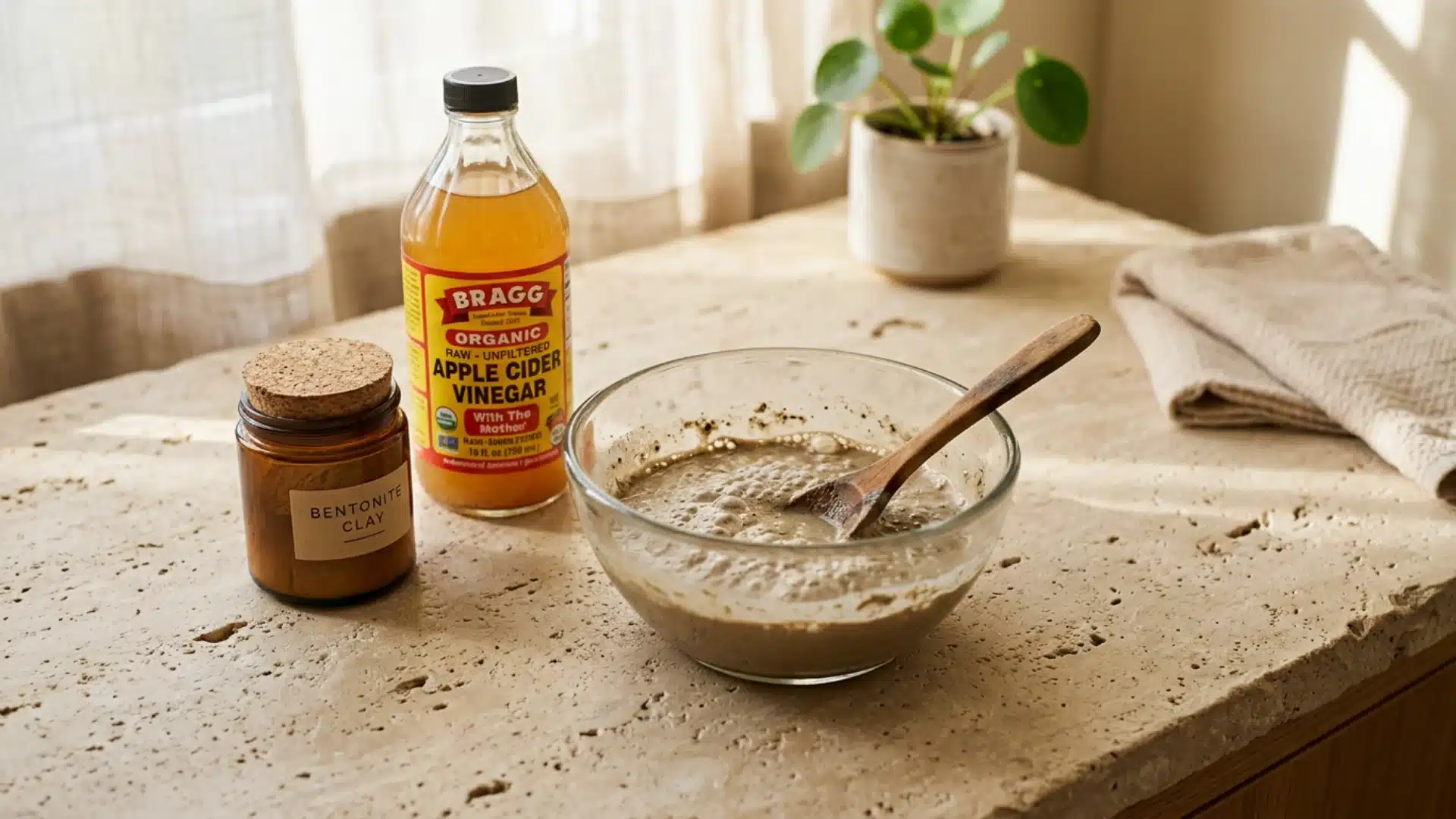 Apple cider vinegar and bentonite clay scalp mask on stone