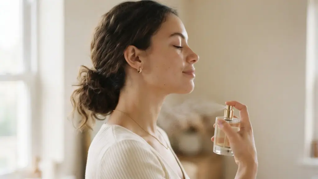 Applying perfume to the neck pulse point for longer lasting scent
