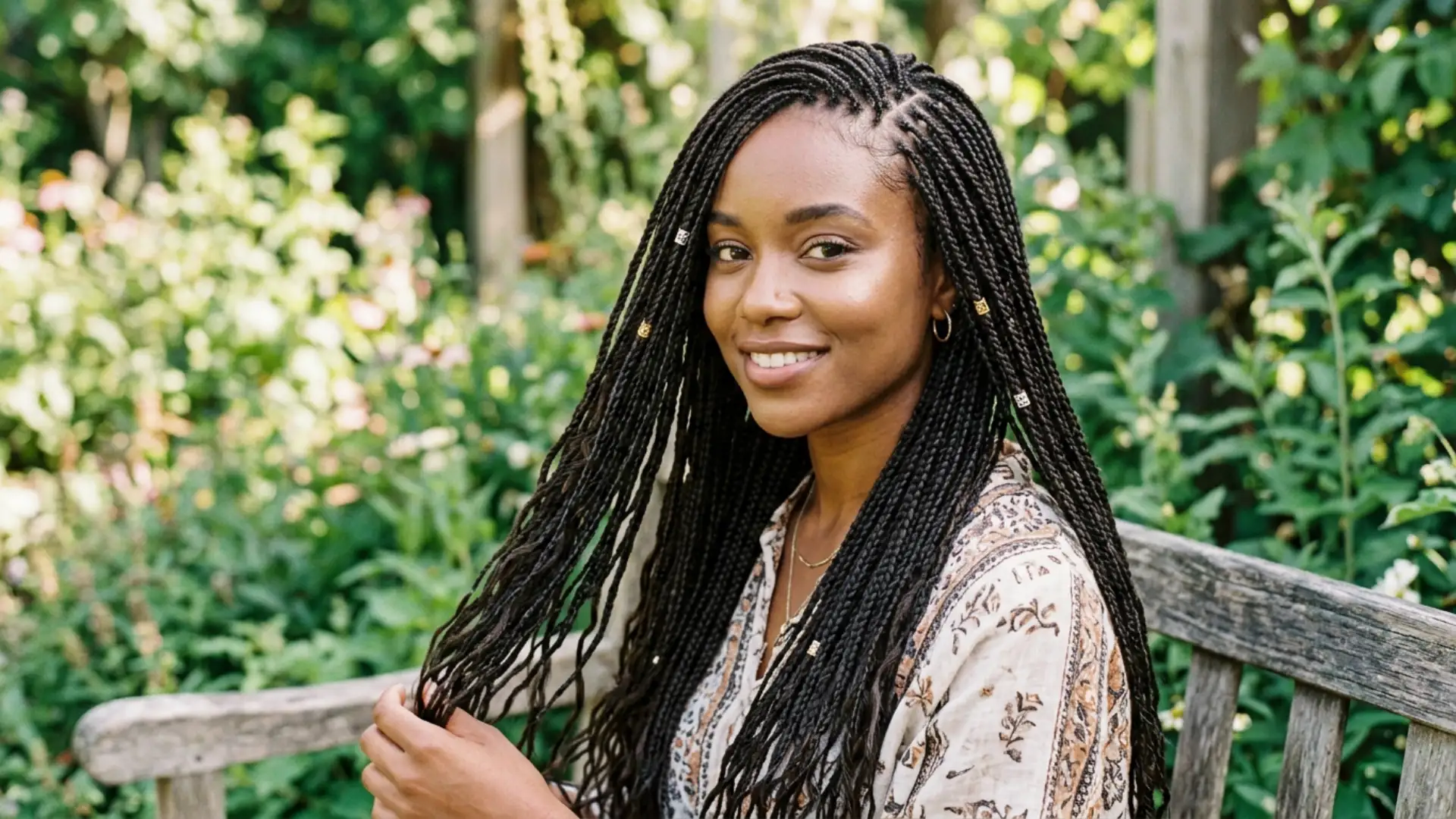 A smiling Black woman with long, side-parted micro braids adorned with small silver and gold hair cuffs