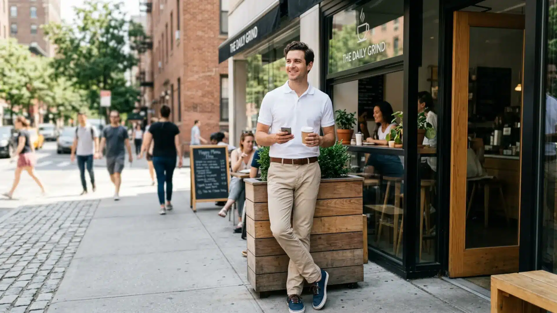 A smiling man in a white polo holding a phone and coffee leans outside a cafe on a busy city sidewalk