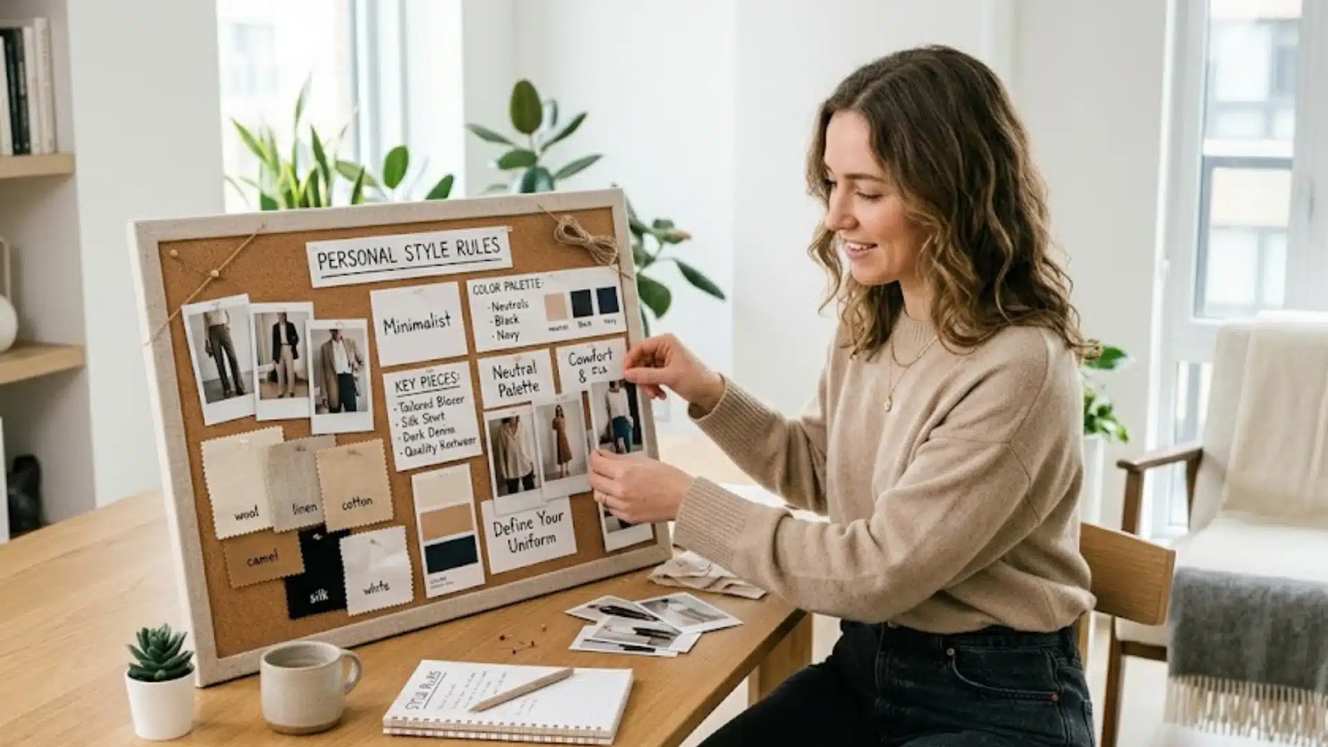 A smiling woman sits at a table pinning fashion photos to a corkboard labeled Personal Style Rules