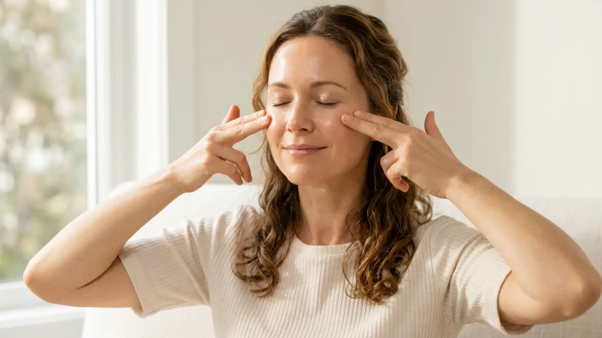 A smiling woman with closed eyes gently massages her face and under-eye area with her fingertips