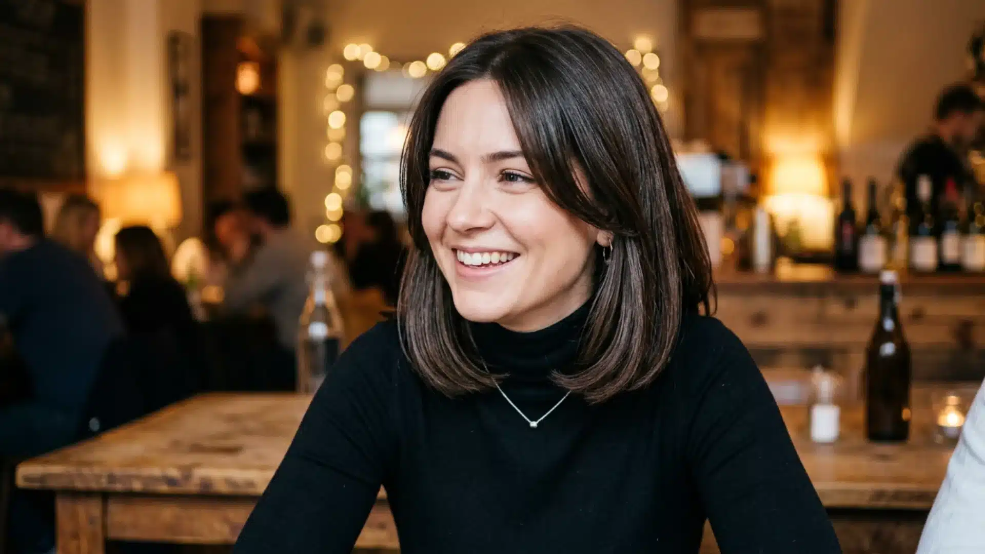 A smiling woman with dark, shoulder-length hair sits in a restaurant with warm lighting in