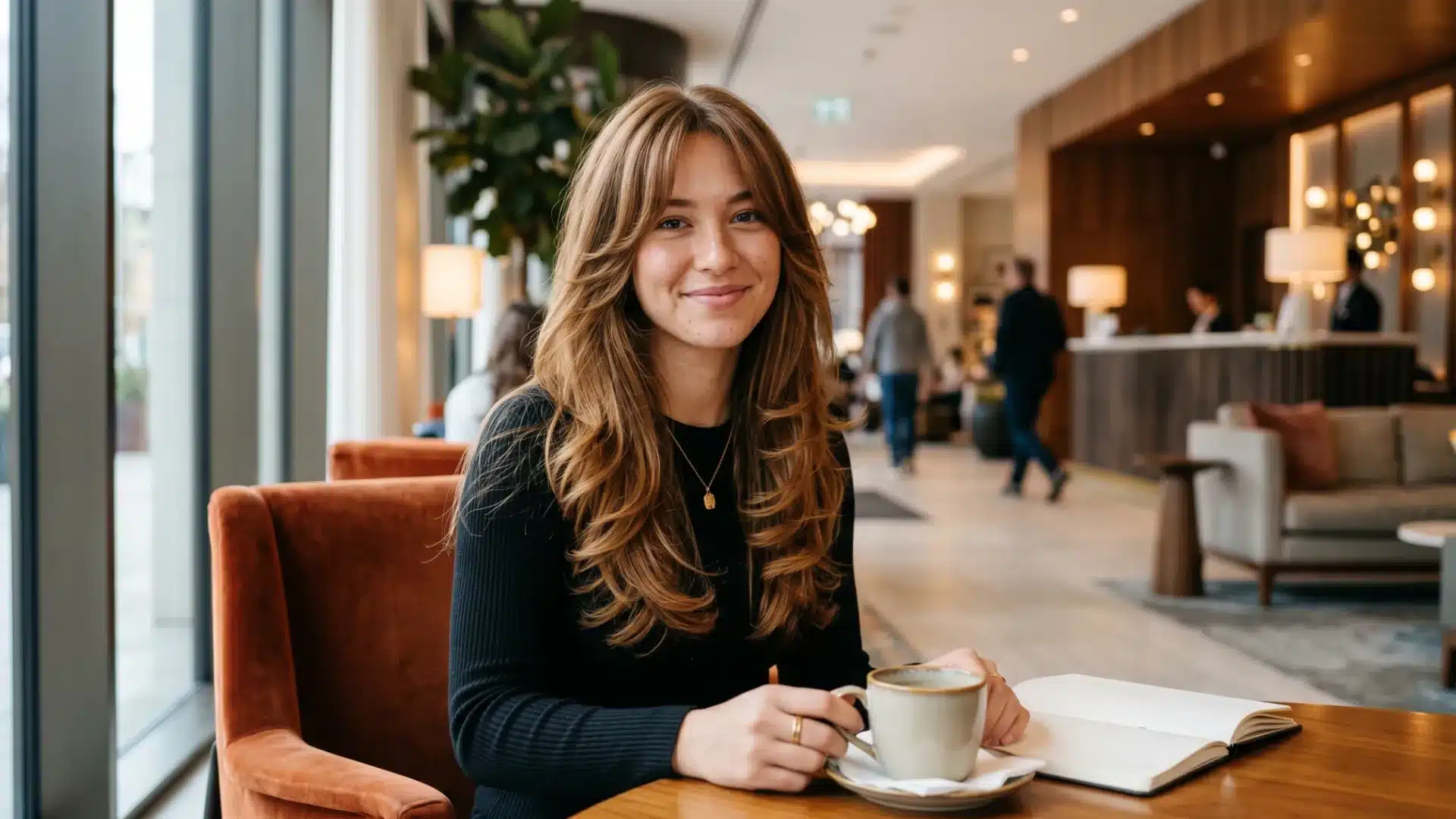 A smiling woman with long brown hair sits at a hotel lobby table with a coffee cup and notebook in