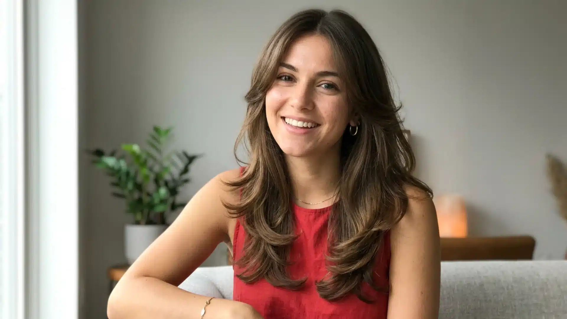 A smiling woman with long, layered brown hair wears a red top on a couch