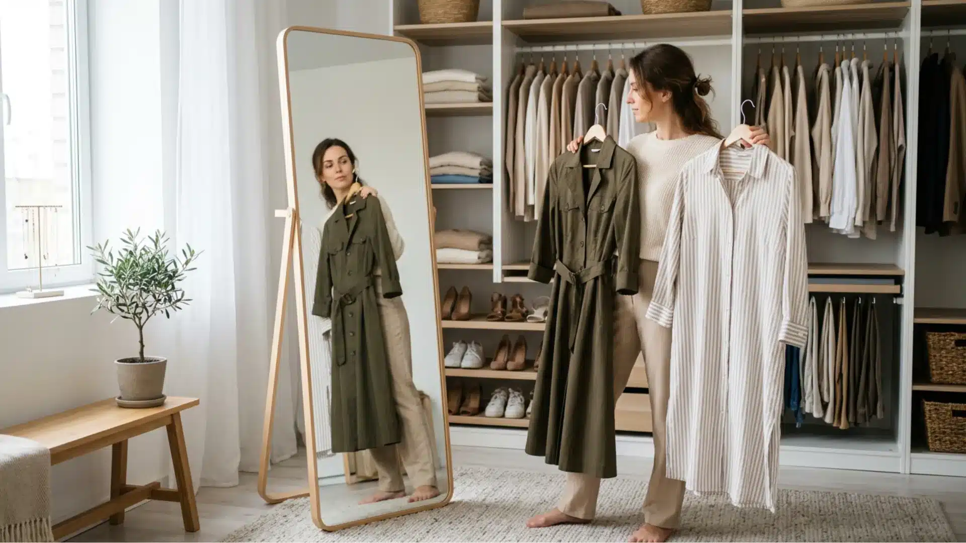 A woman in a walk-in closet holds up a green trench dress and a striped dress, looking at her mirror reflection