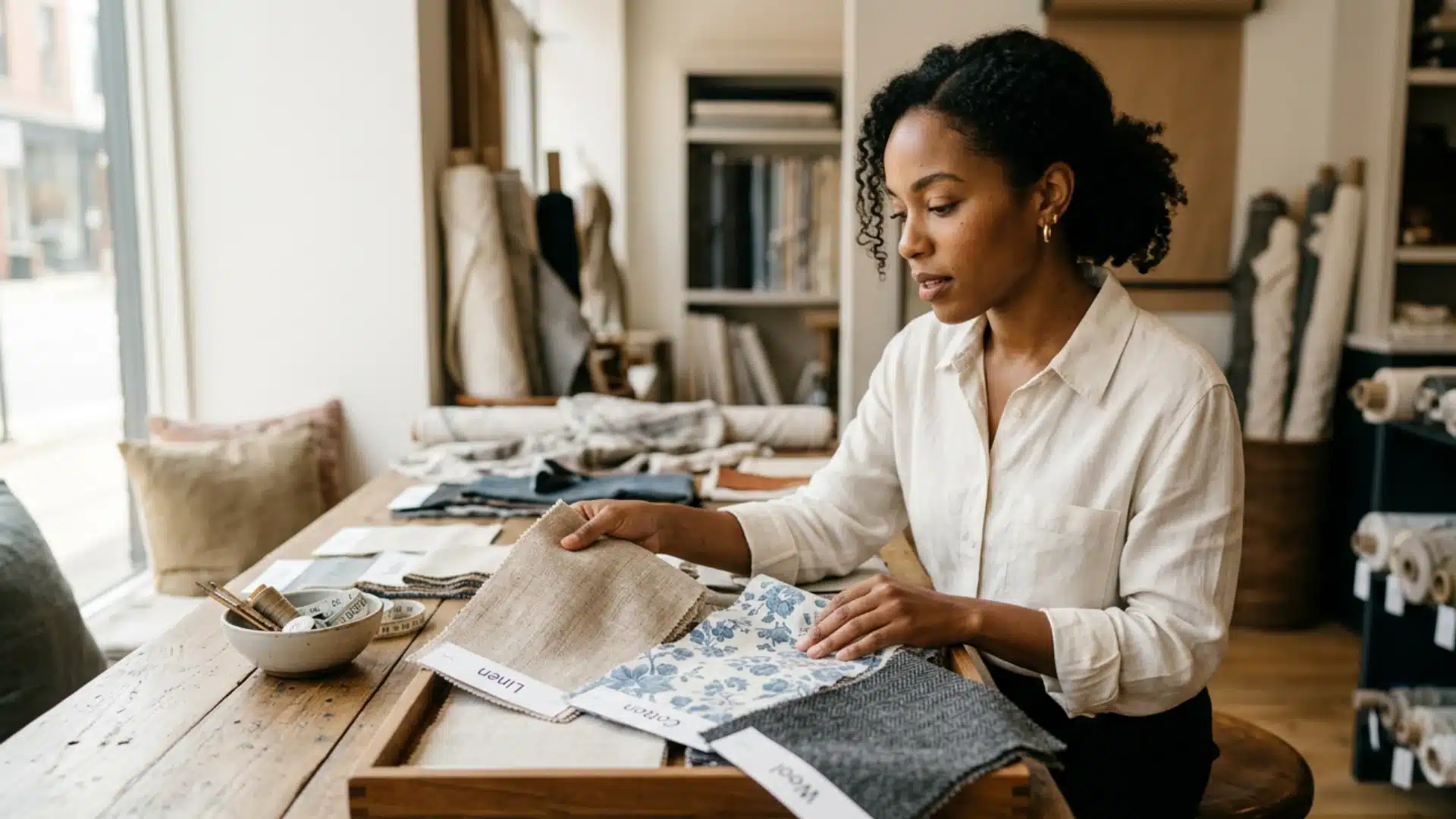 A woman sits at a wooden table examining labeled fabric swatches, including linen, cotton, and wool