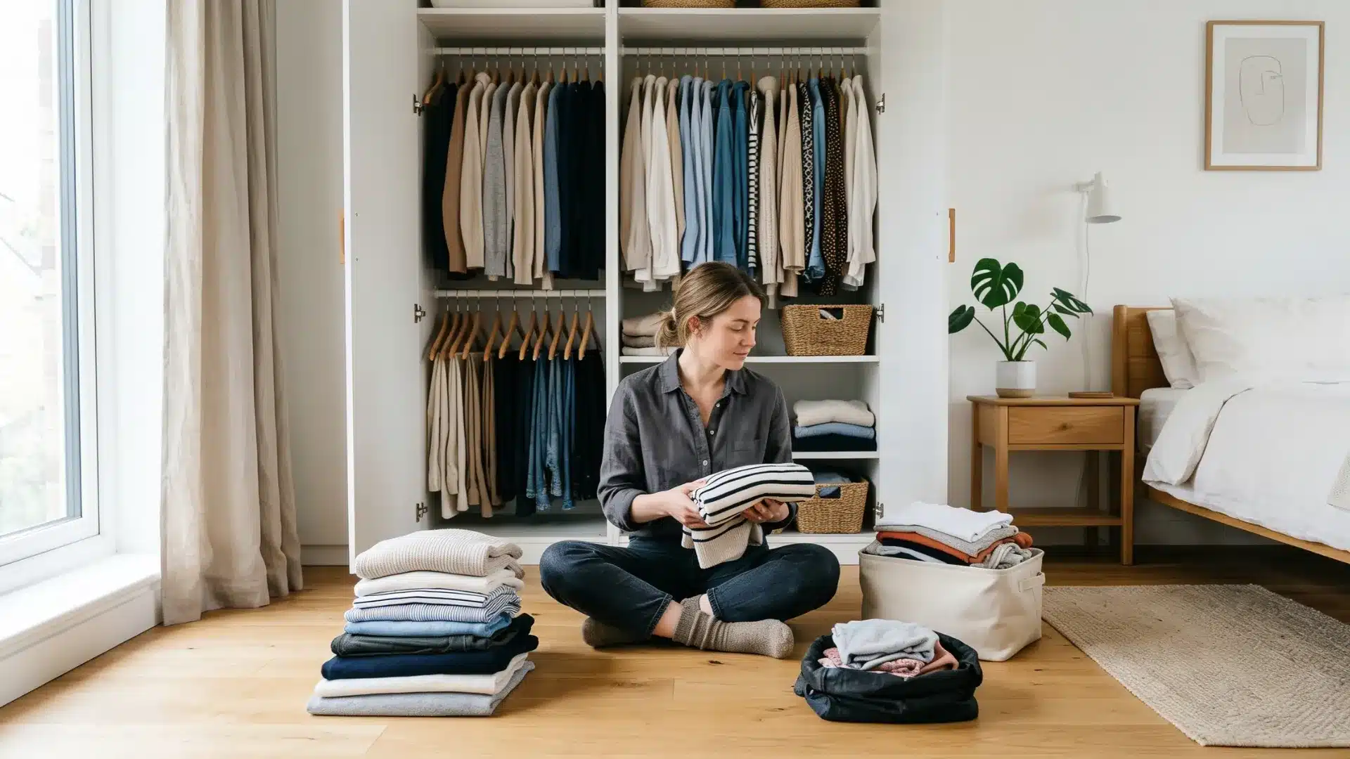 A woman sitting on the floor folding clothes in front of an organized wardrobe