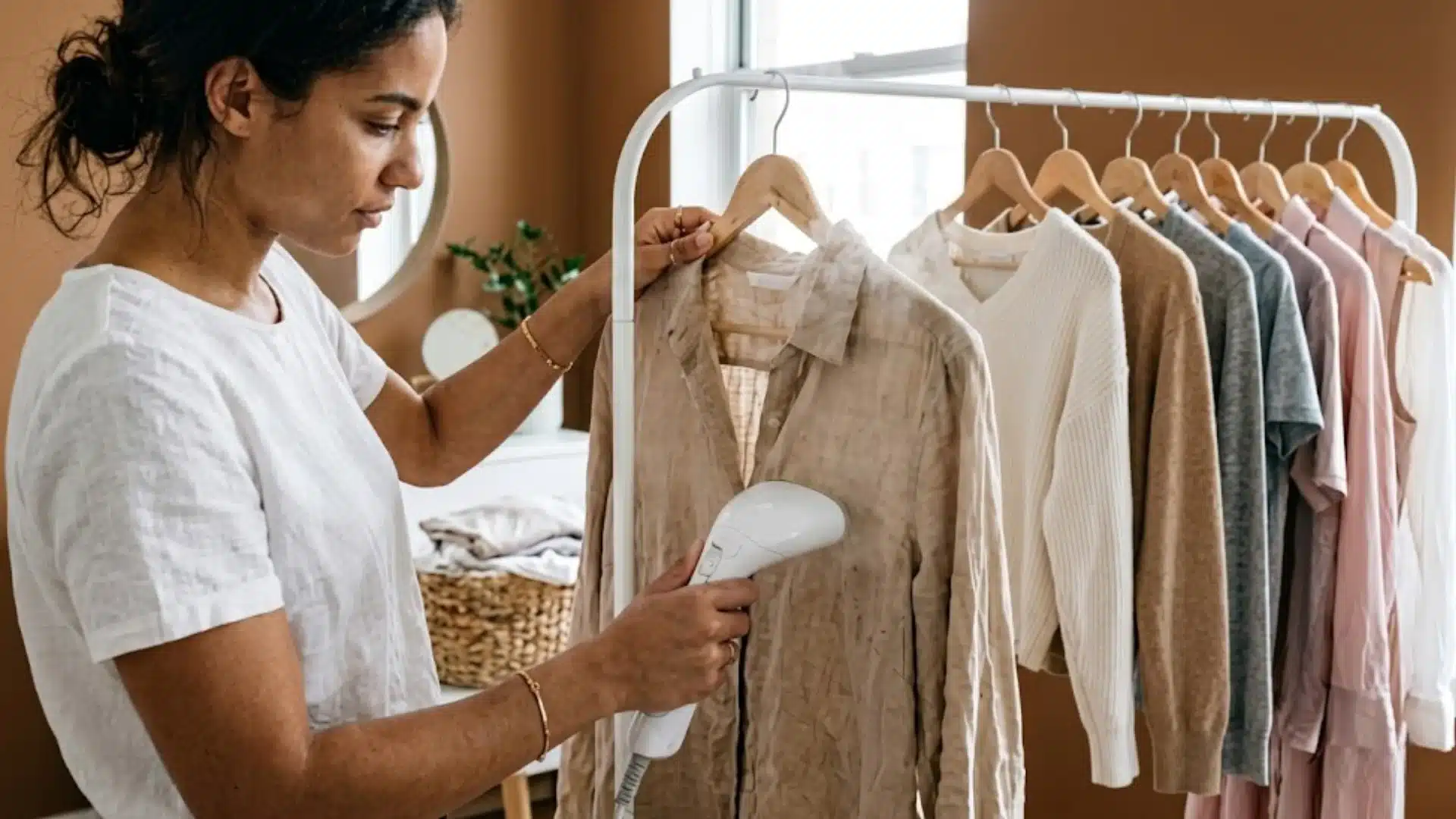 A woman uses a handheld steamer to remove wrinkles from a beige shirt hanging on a clothing rack