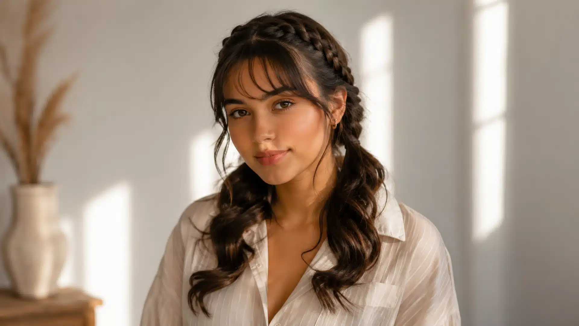 A woman with dark hair and bangs styled in a braided headband leading into wavy pigtails