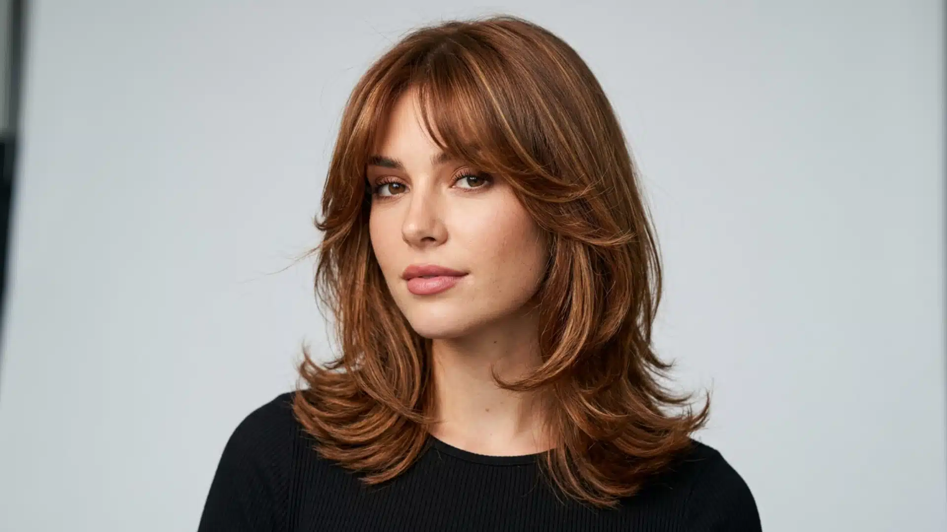A woman with layered brown hair and bangs poses against a plain gray background in