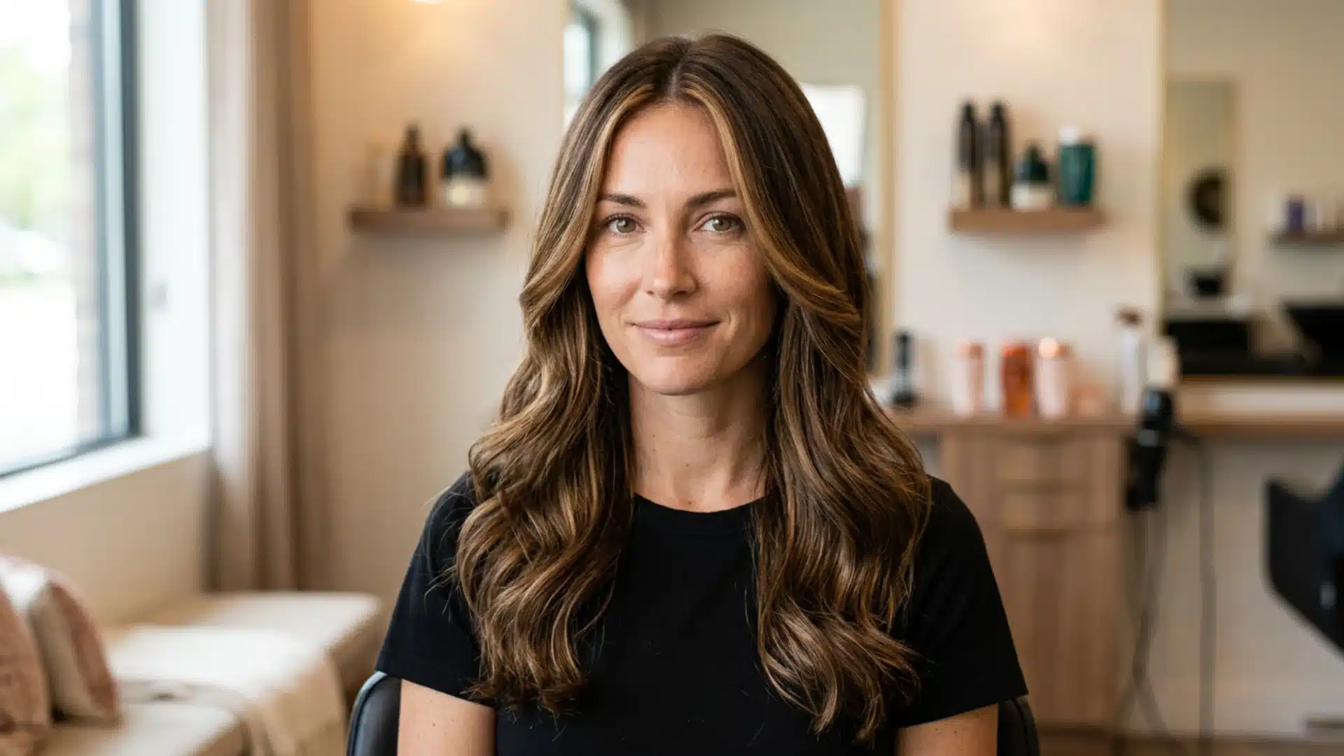 A woman with long, wavy brown hair with highlights sits in a salon setting in