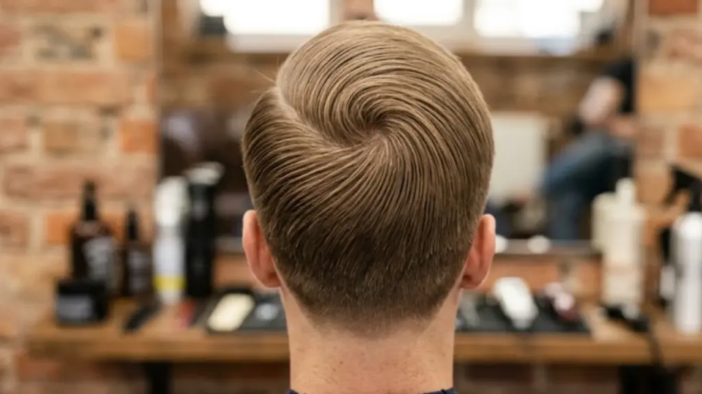 Back of a man's head showing light brown hair styled into a neat, tight spiral swirl at a barbershop
