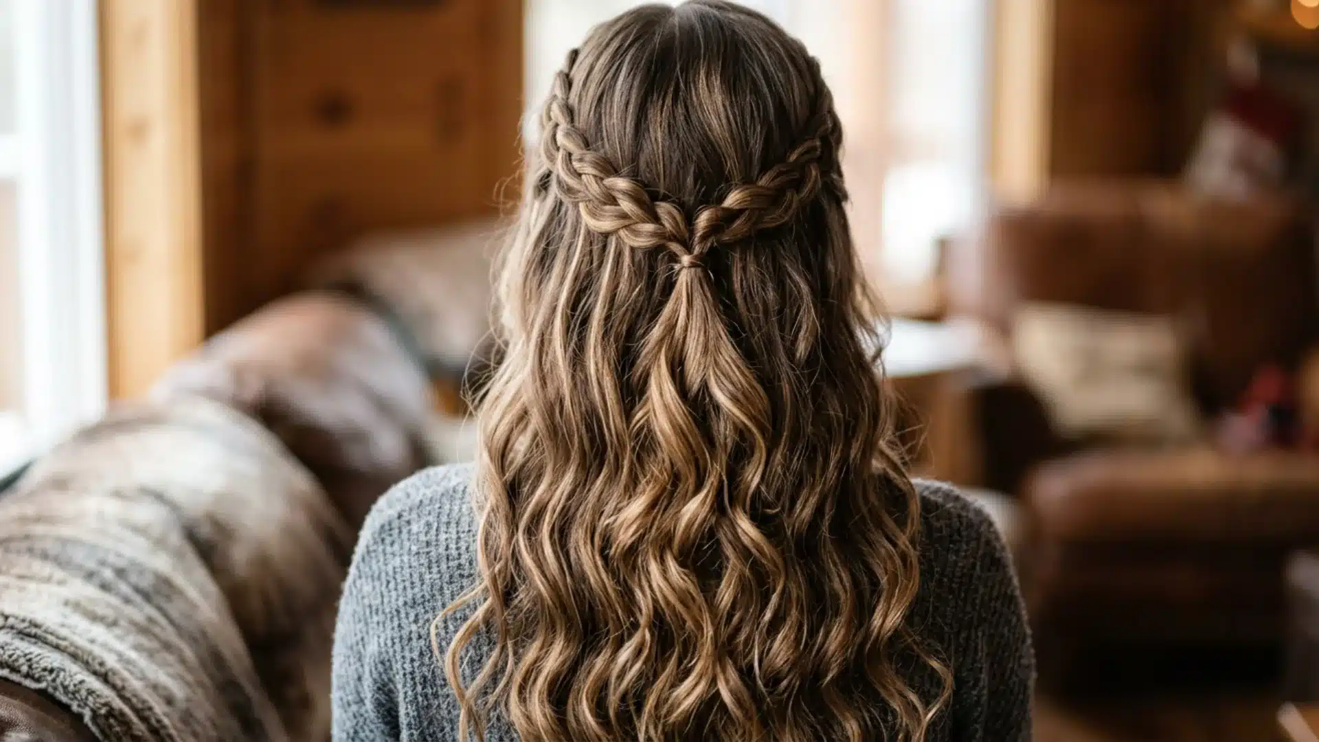 Back view of a person with long, wavy brown hair styled in a half-up braided crown hairstyle