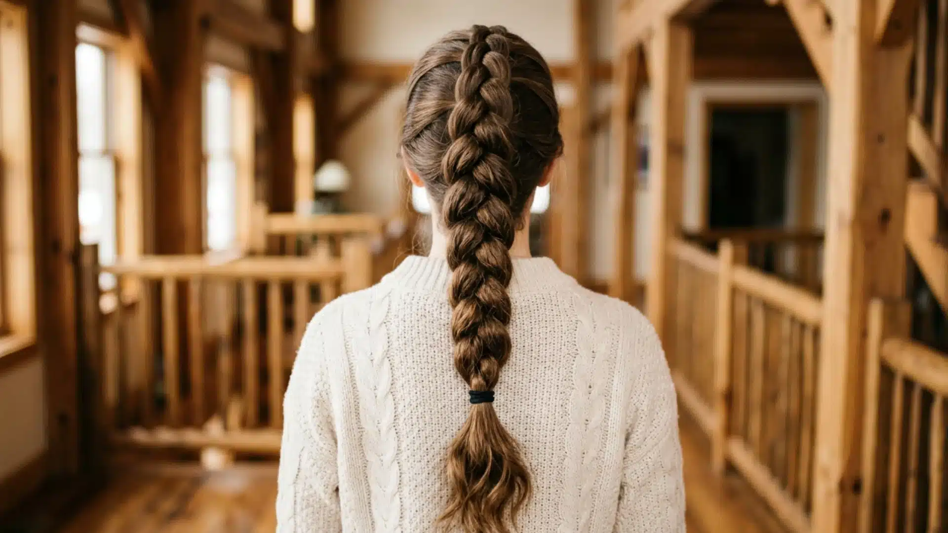 Back view of a woman with a single thick French braid wearing a white cable knit sweater inside a wooden cabin