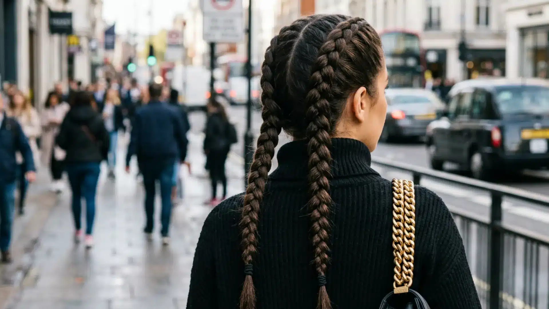 Back view of a woman with double French braids wearing a black turtleneck sweater on a busy city street sidewalk