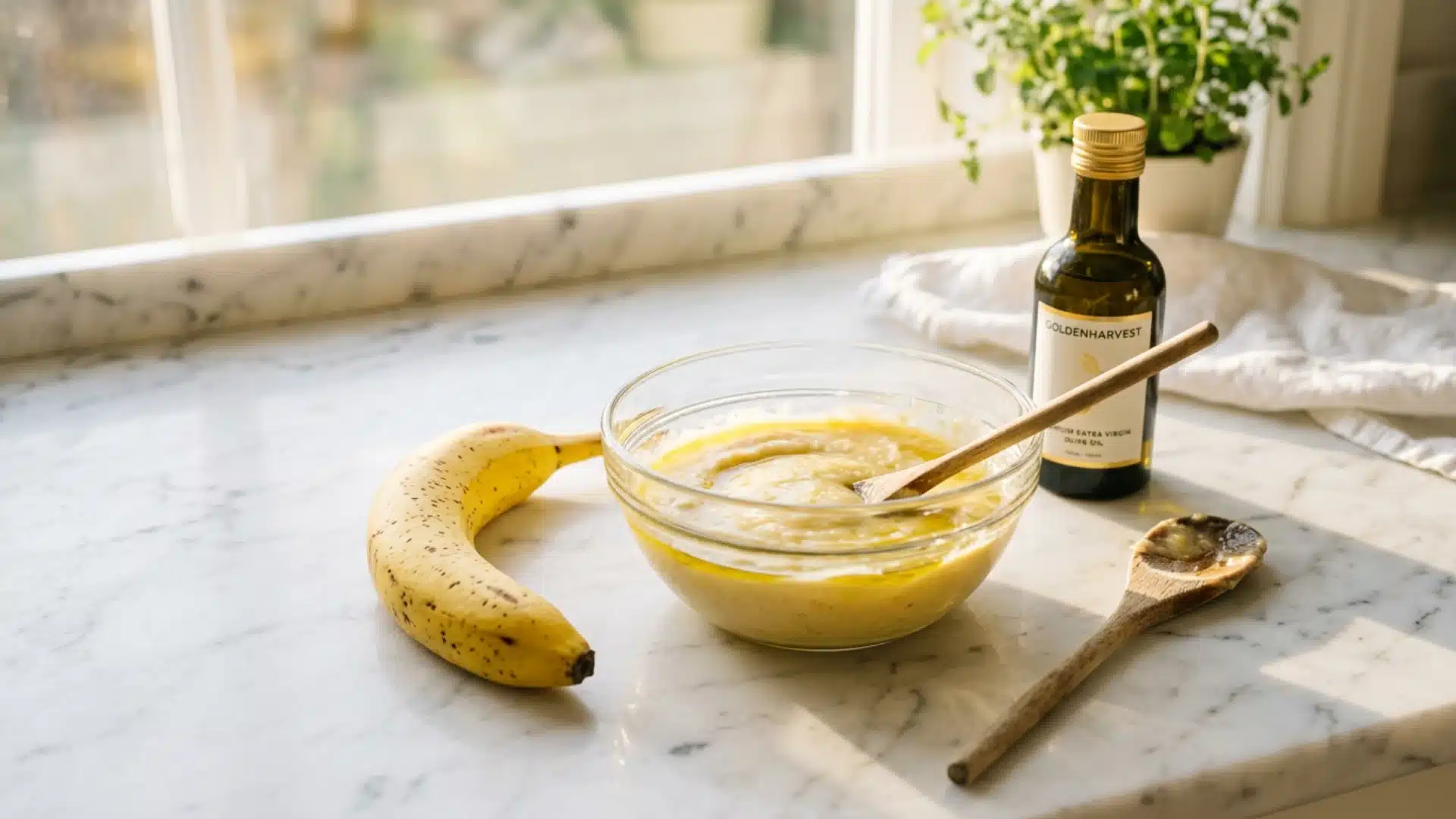 Banana and olive oil hair mask on a marble counter