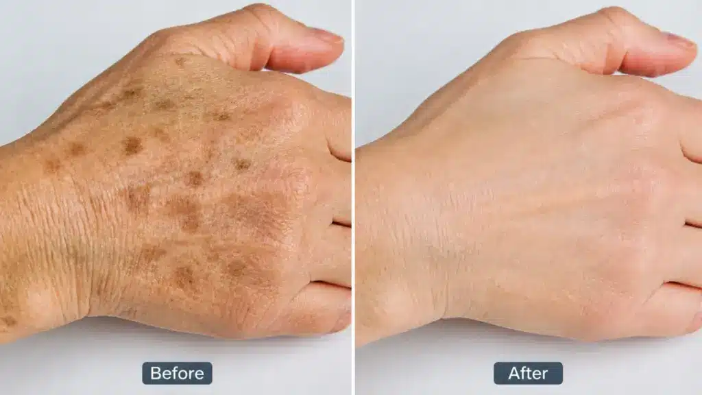 Before-and-after comparison of a hand showing increased dark age spots and pigmentation in the before image and clearer skin after treatment