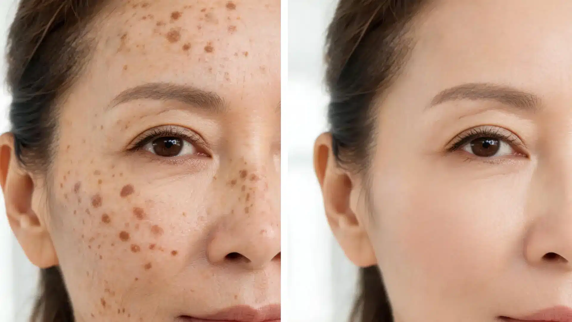 Before-and-after facial comparison showing visible dark spots and hyperpigmentation reduced to a clearer complexion.