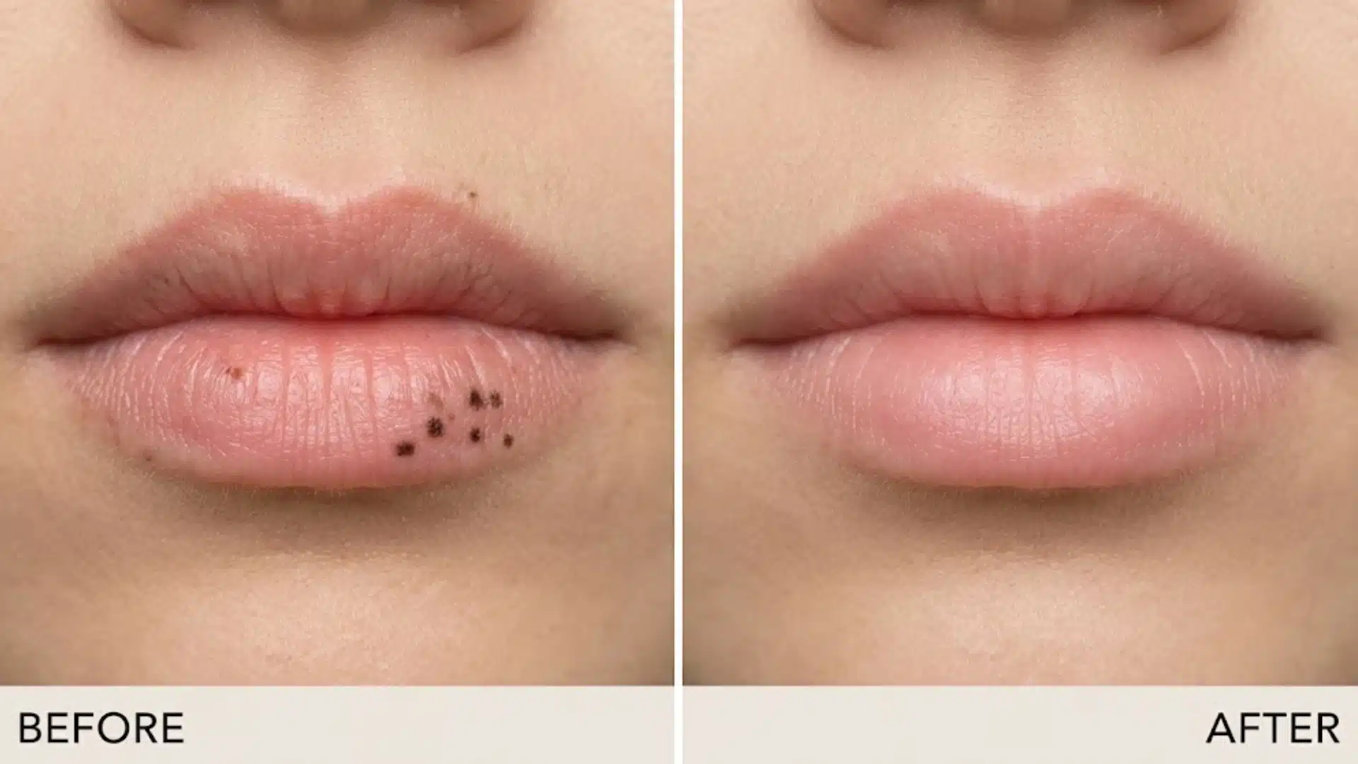 Before and after image showing dark spots on the lower lip removed, with smoother lips in the after view
