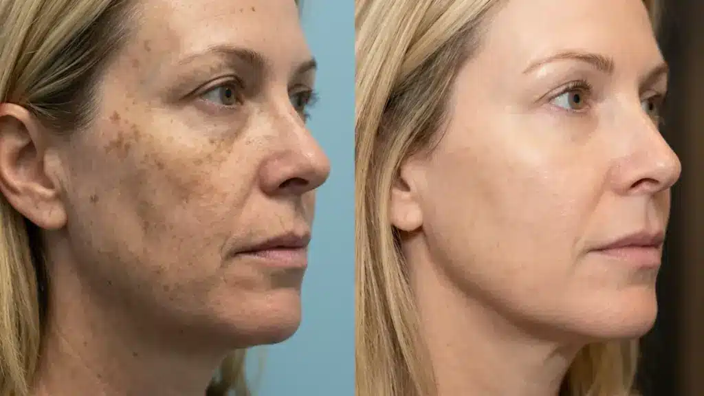 Before and after IPL treatment showing reduced sun spots and smoother skin