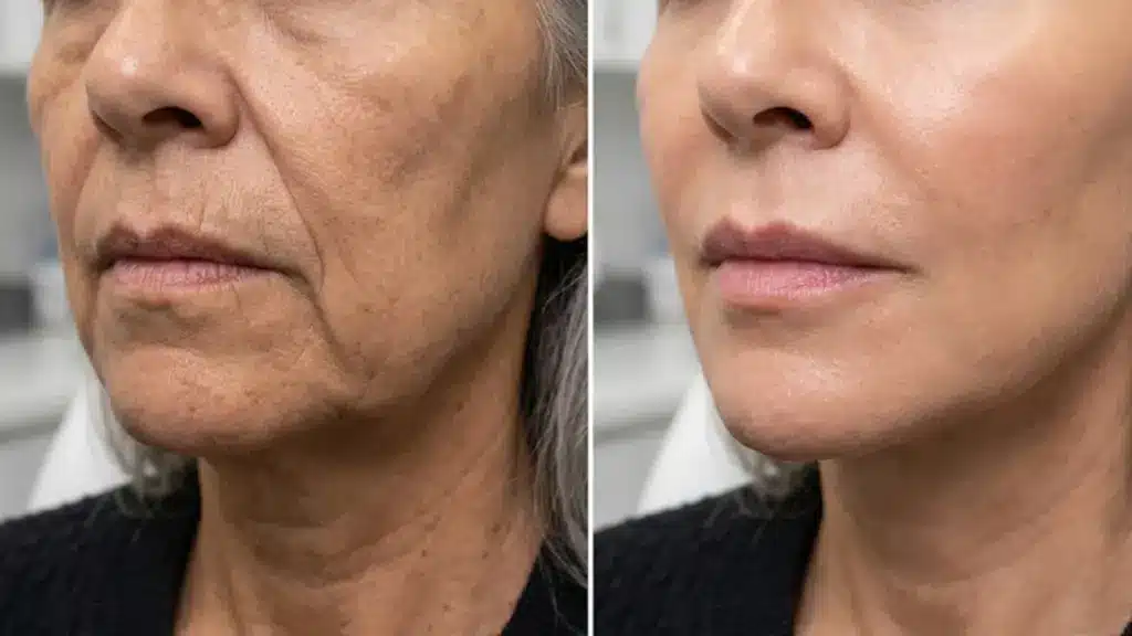 Before and after skin tightening treatment showing smoother jawline, firmer skin, and reduced facial sagging