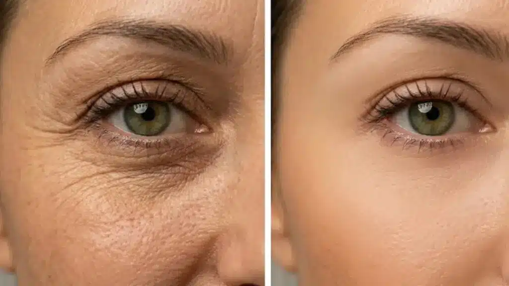 Before and after view showing reduced under eye wrinkles, smoother skin texture, and a brighter eye area after treatment