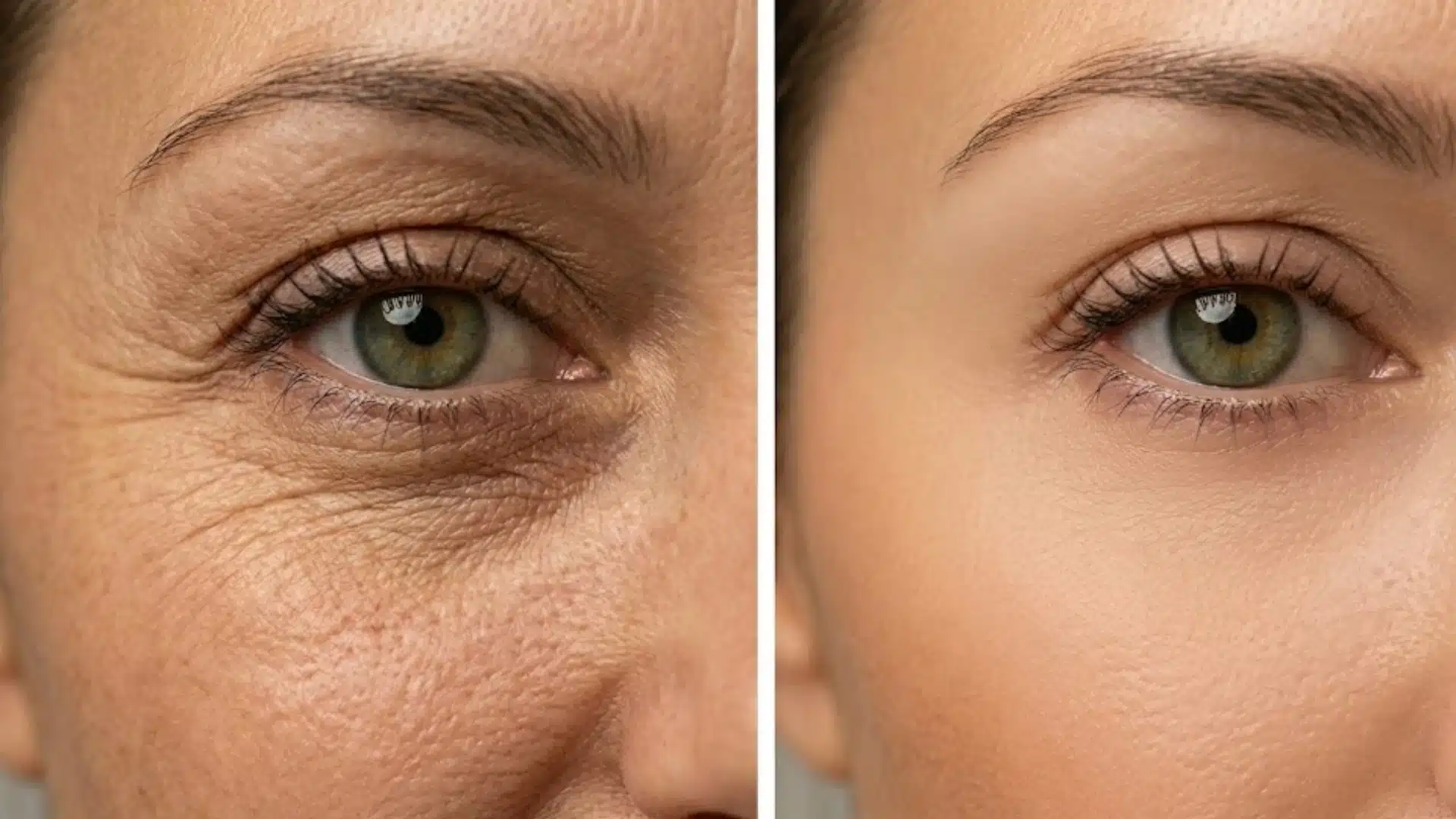 Before and after view showing reduced under eye wrinkles, smoother skin texture, and a brighter eye area after treatment