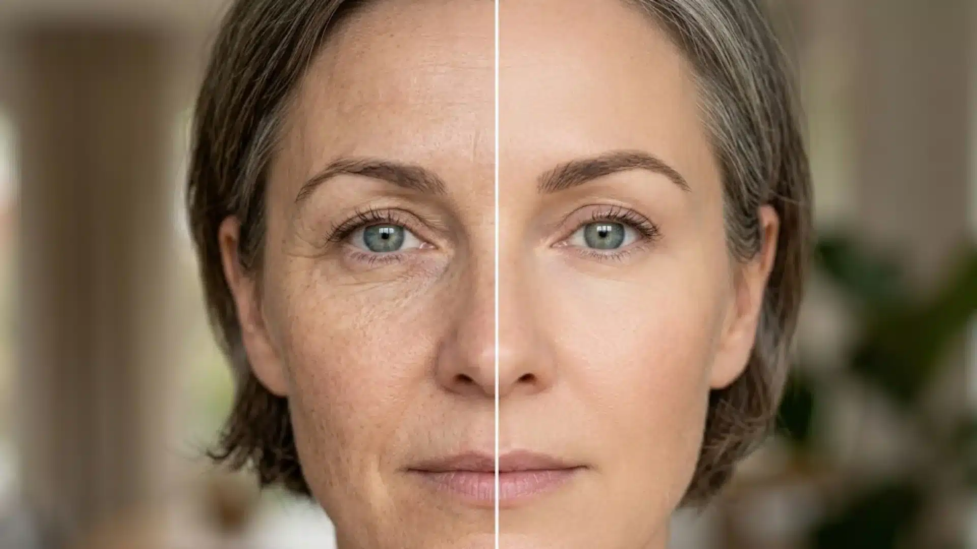 Before-and-after split view of a woman's face, showing wrinkled skin on the left and smooth skin on the right