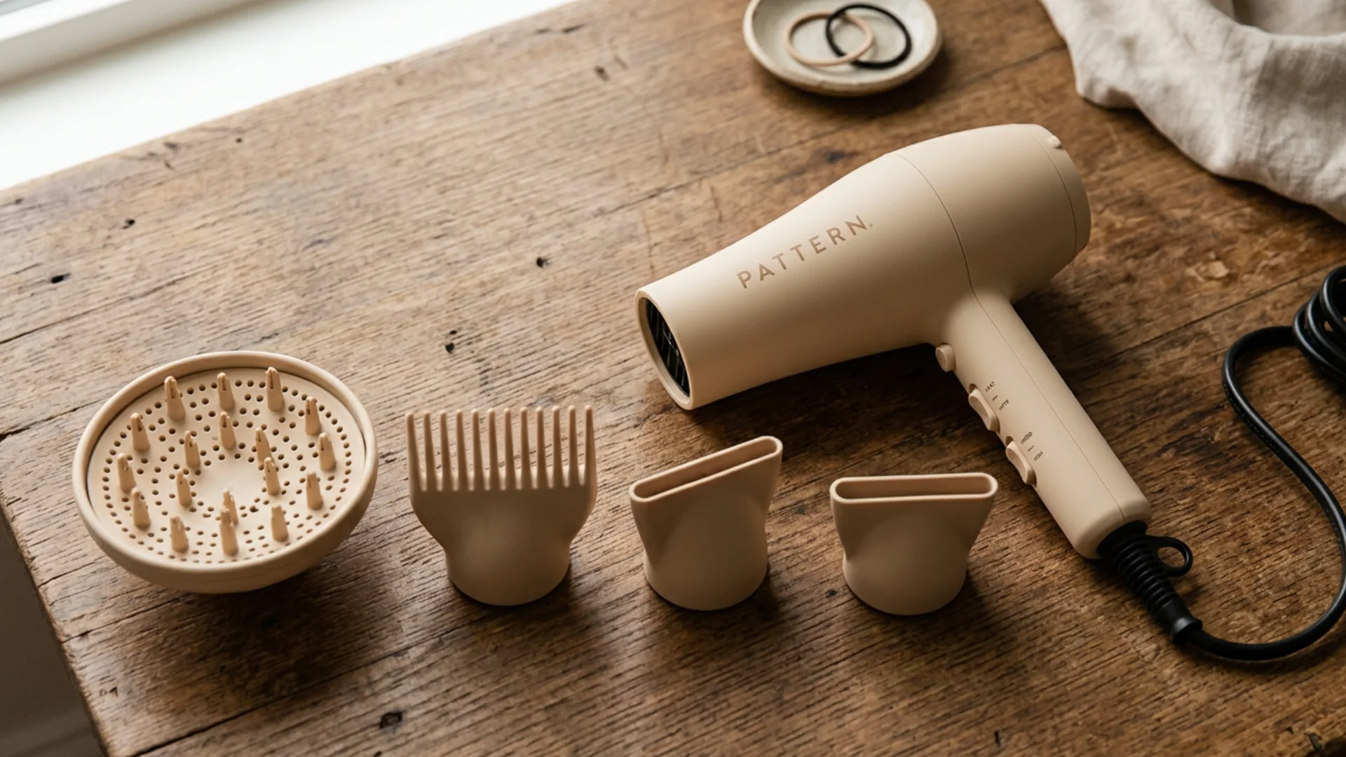 Beige hair dryer with diffuser and styling attachments on a wooden table
