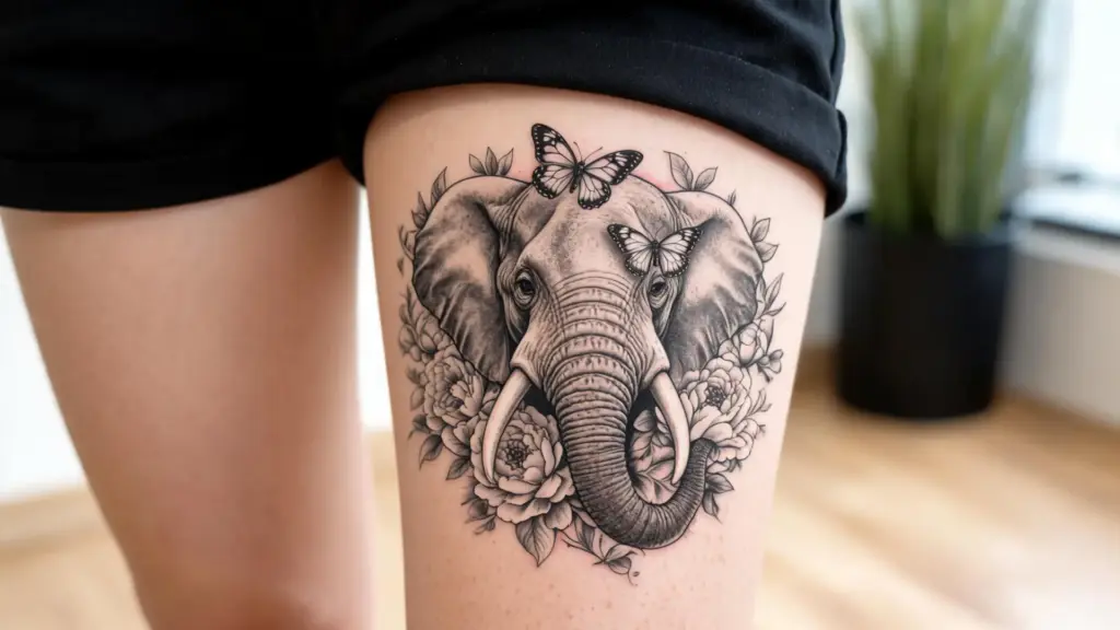 Black and grey elephant thigh tattoo with flowers and butterflies on top