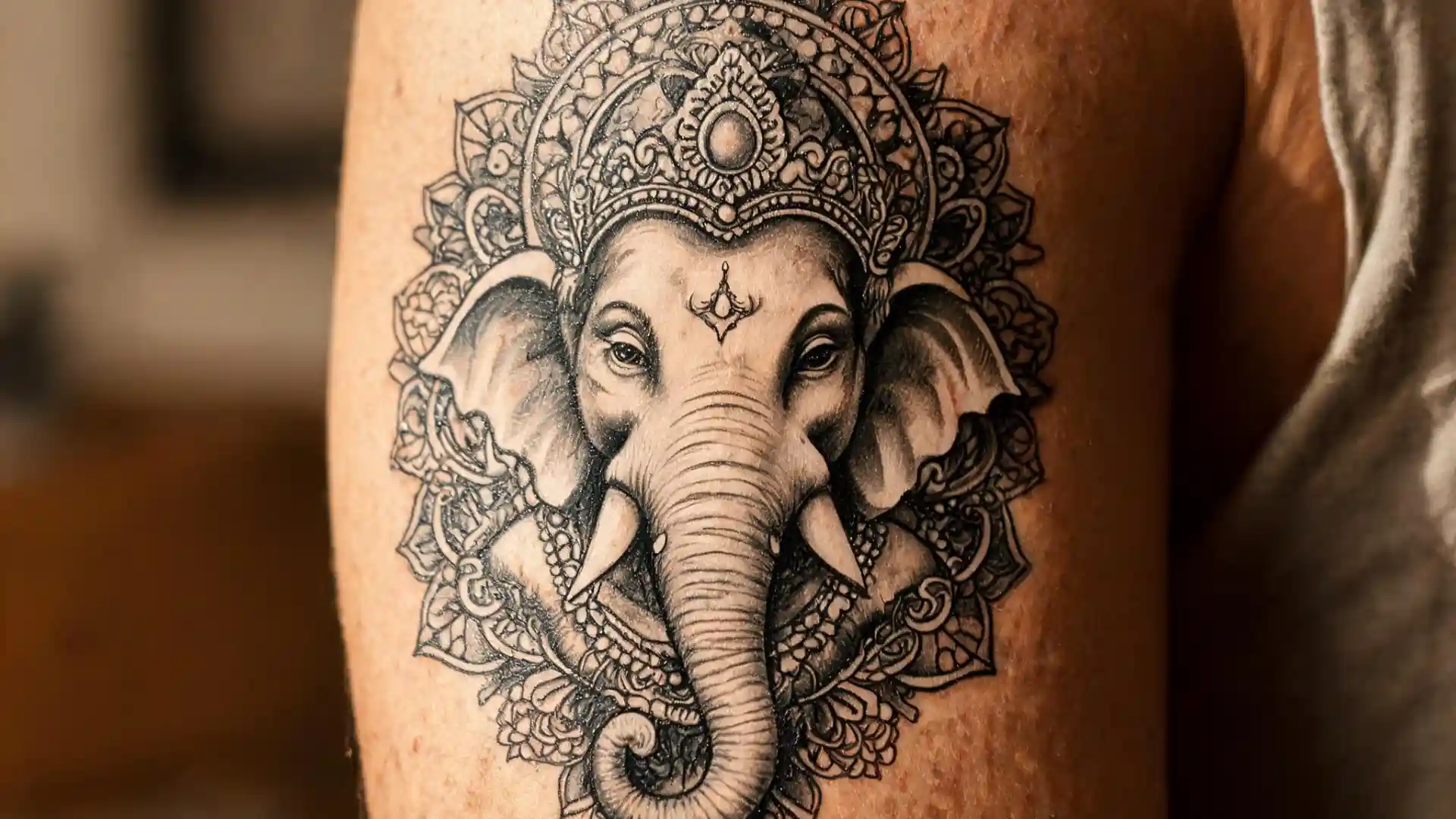 Black and grey Ganesha-inspired elephant tattoo with ornate mandala details on the upper arm