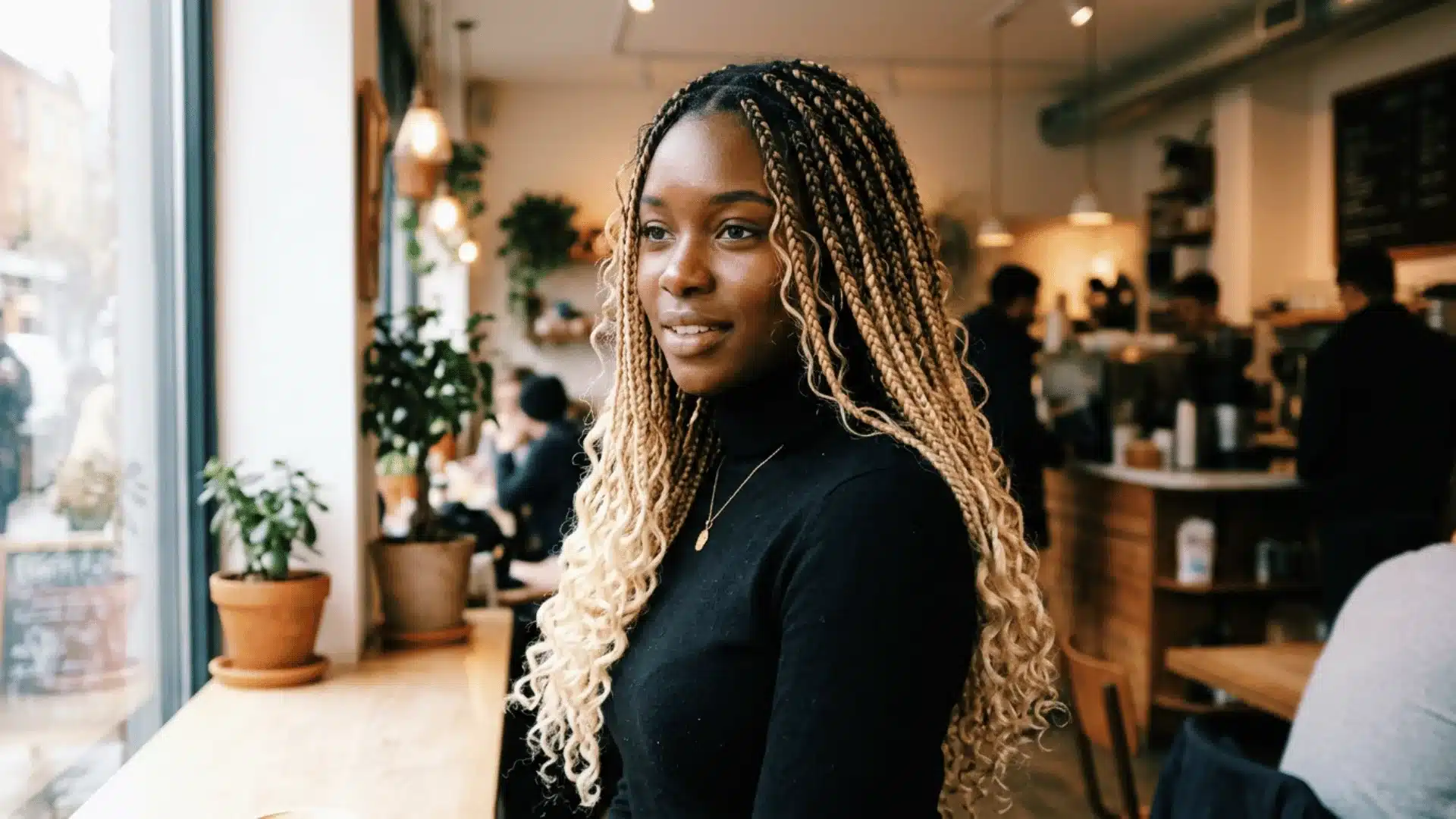Blonde boho braids with dark root ombre blending into honey blonde curly ends on a dark-skinned woman near a cafe window