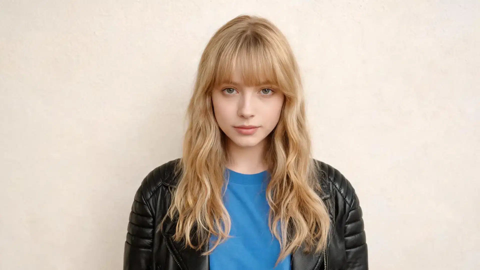 Blonde woman with soft waves and wispy bangs wearing a black jacket and blue shirt
