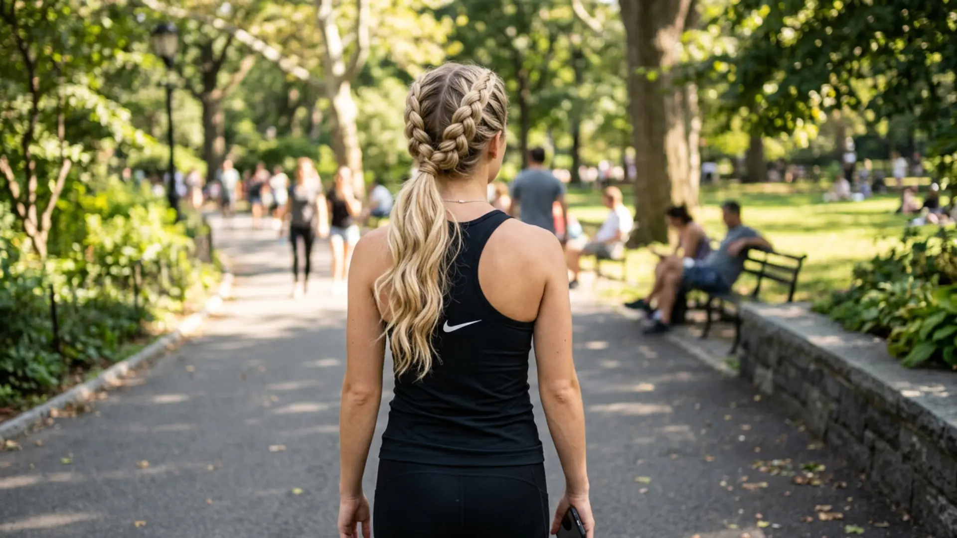 blonde woman with double braided ponytail wearing athletic clothes, walking on a paved path in a sunny park