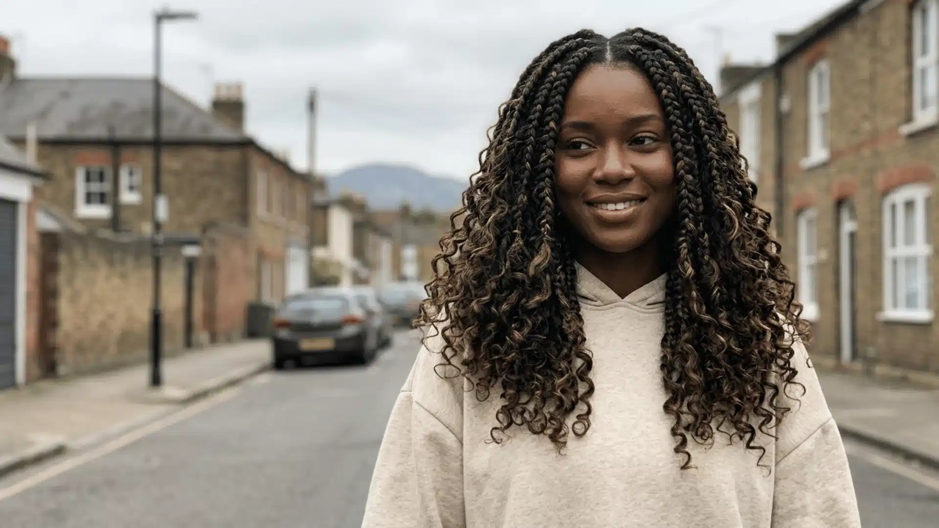 Boho butterfly braids with a puffy airy braid body, soft curly ends, and relaxed voluminous texture on a woman on a city street