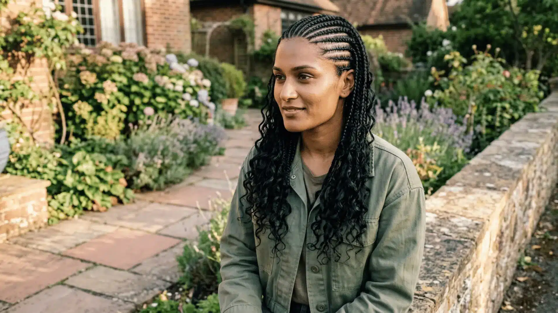 Boho stitch braids with clean horizontal stitch lines at the scalp and soft loose curly ends in jet black