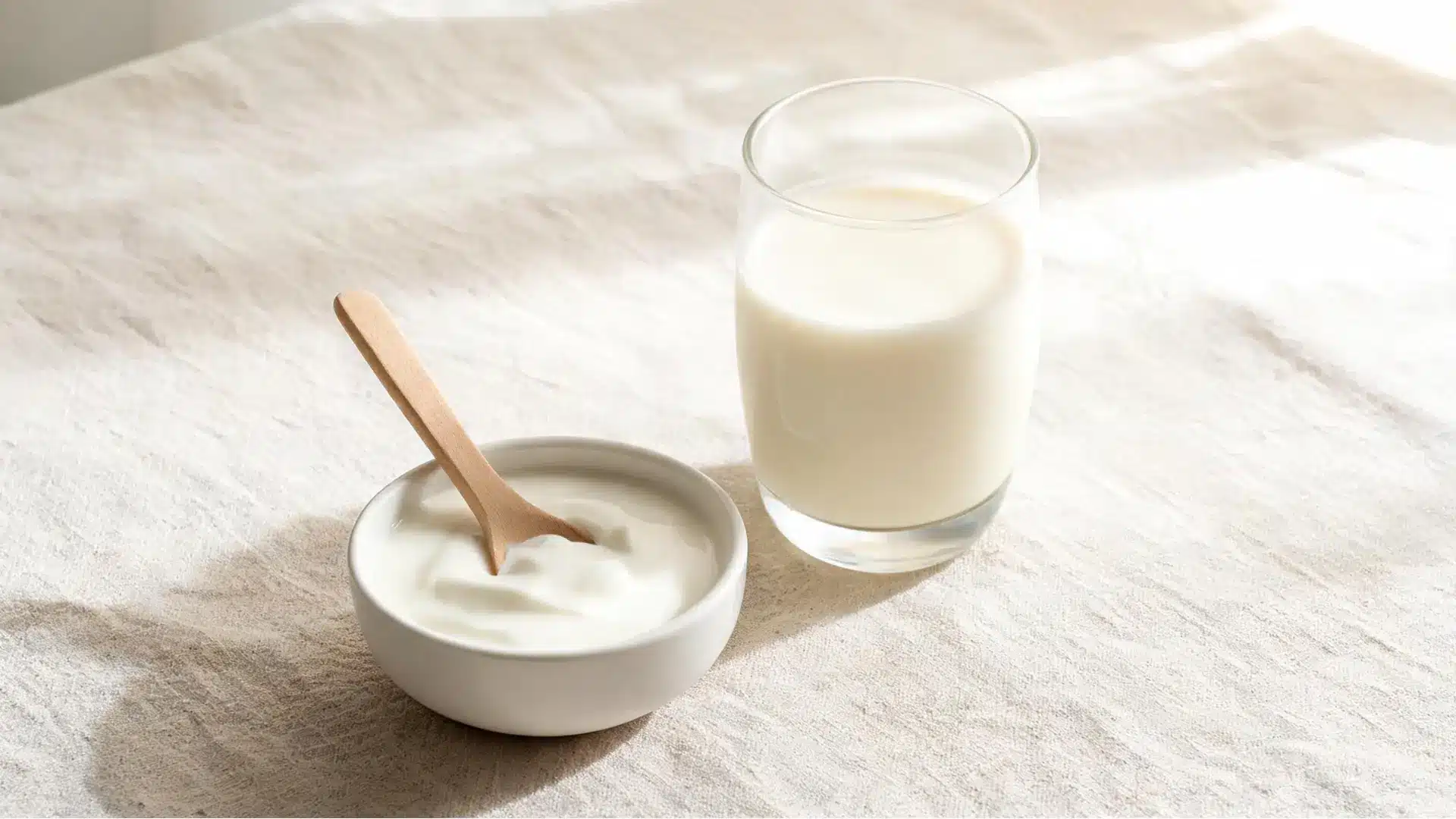 Bowl of yogurt with a spoon beside a glass of milk.