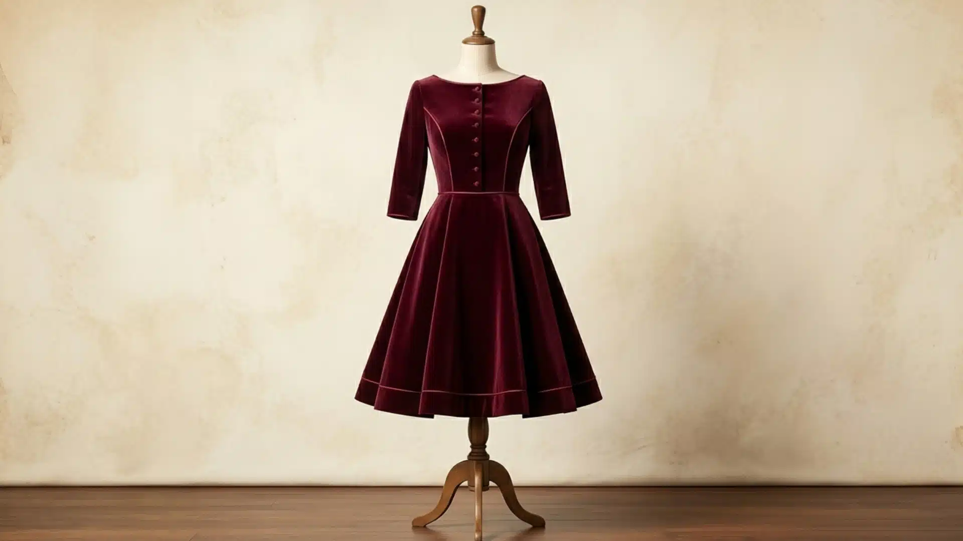 Burgundy A-line dress with three-quarter sleeves on a mannequin