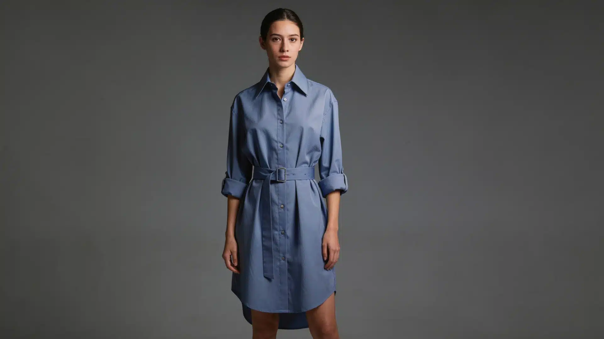 Button-down shirt dress with a belted waist.