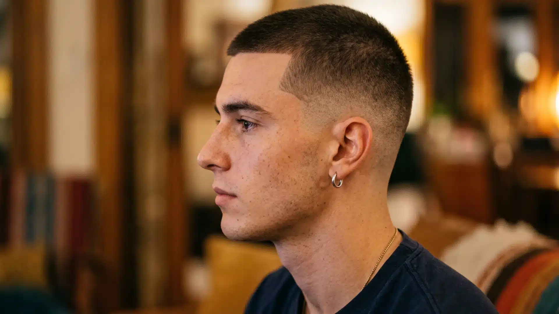Buzz cut with very short uniform length emphasizing facial features