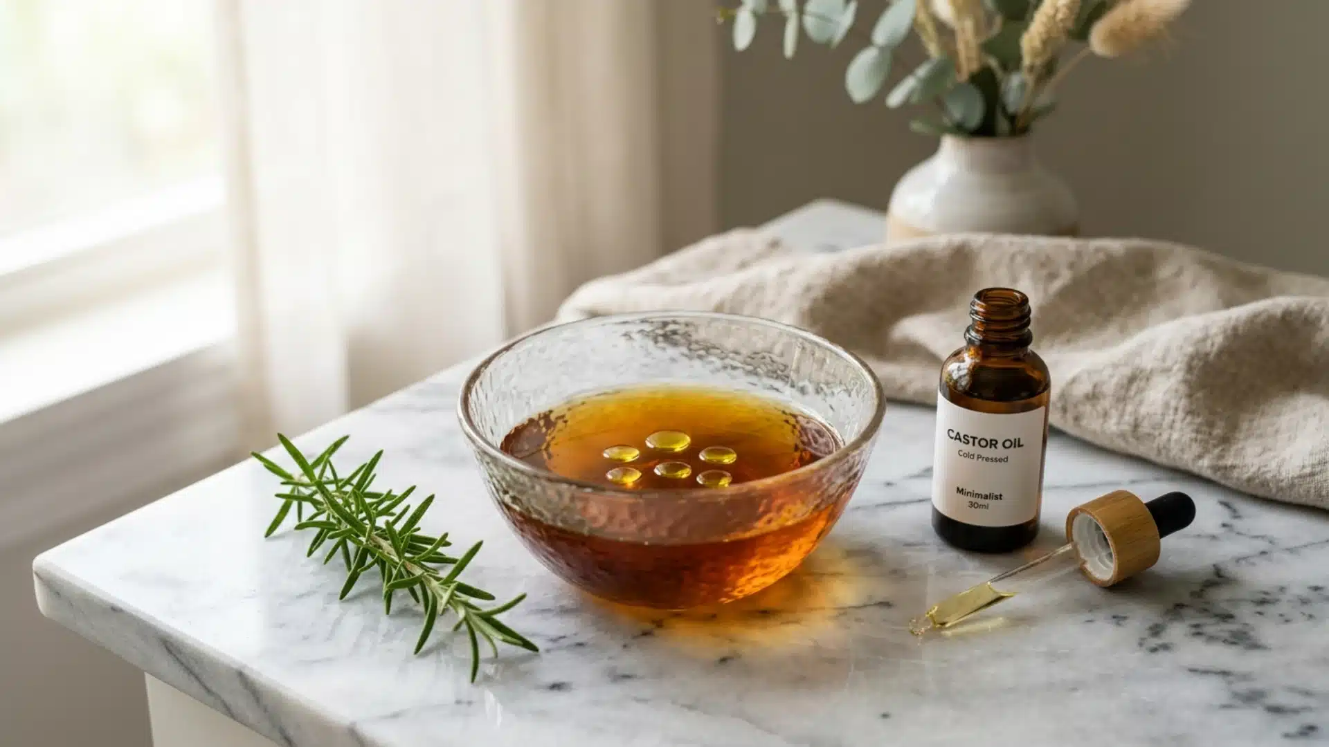 Castor oil and rosemary hair treatment on a marble counter