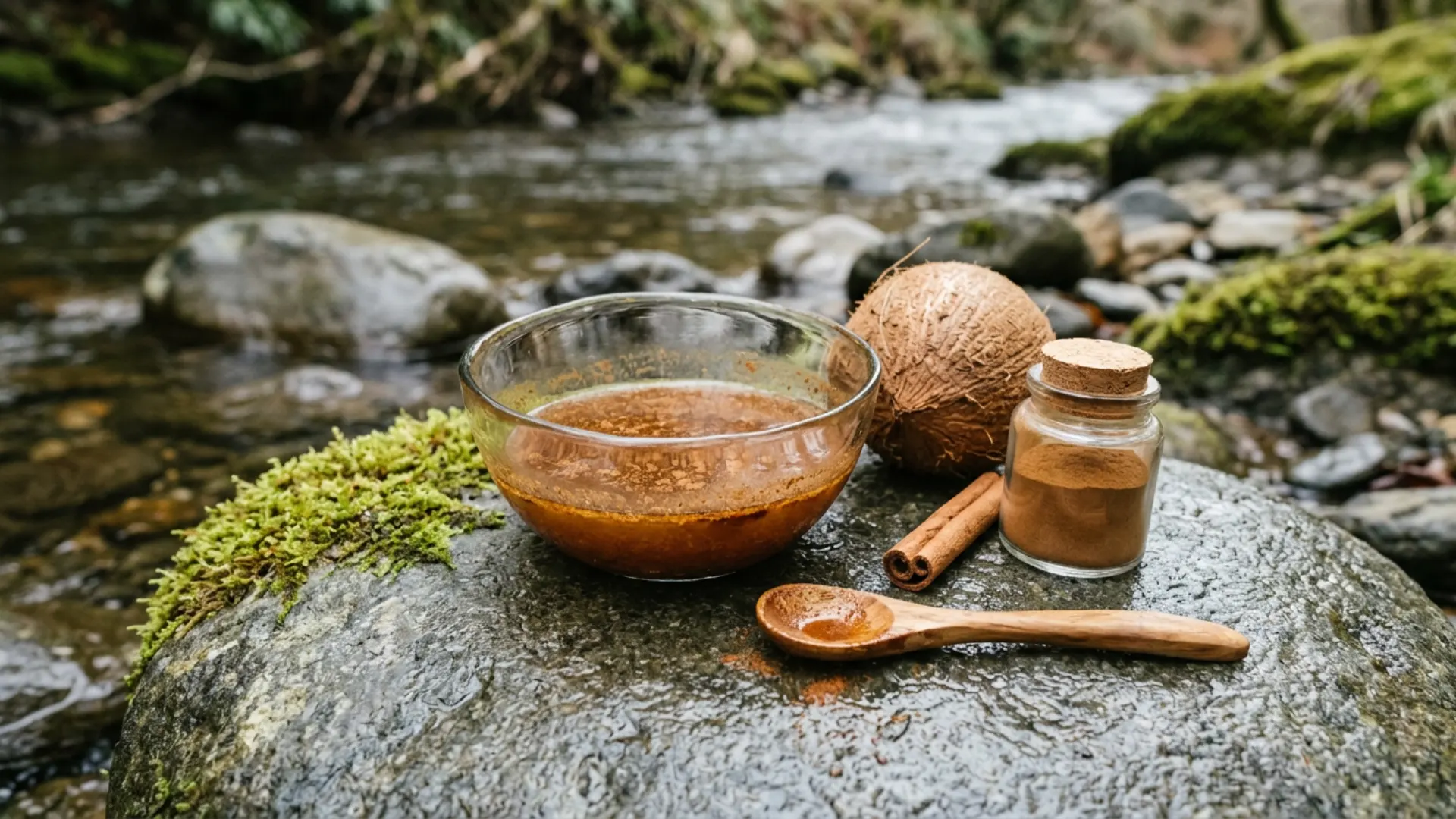 Cinnamon and coconut oil scalp stimulating mask on river stone