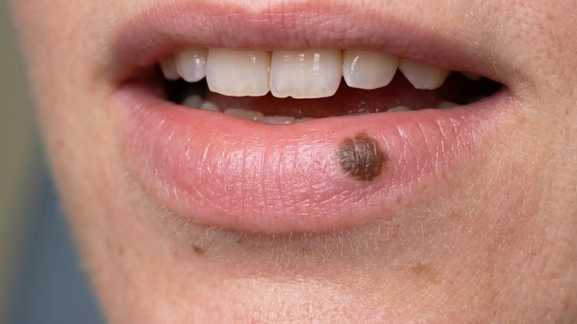 Close-up of a mouth with a dark spot on the lower lip, showing teeth and surrounding skin in detail