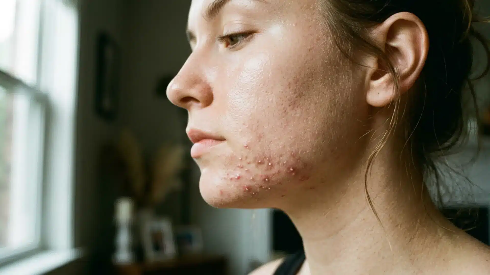 Close-up of jawline breakouts linked to hormonal acne pattern