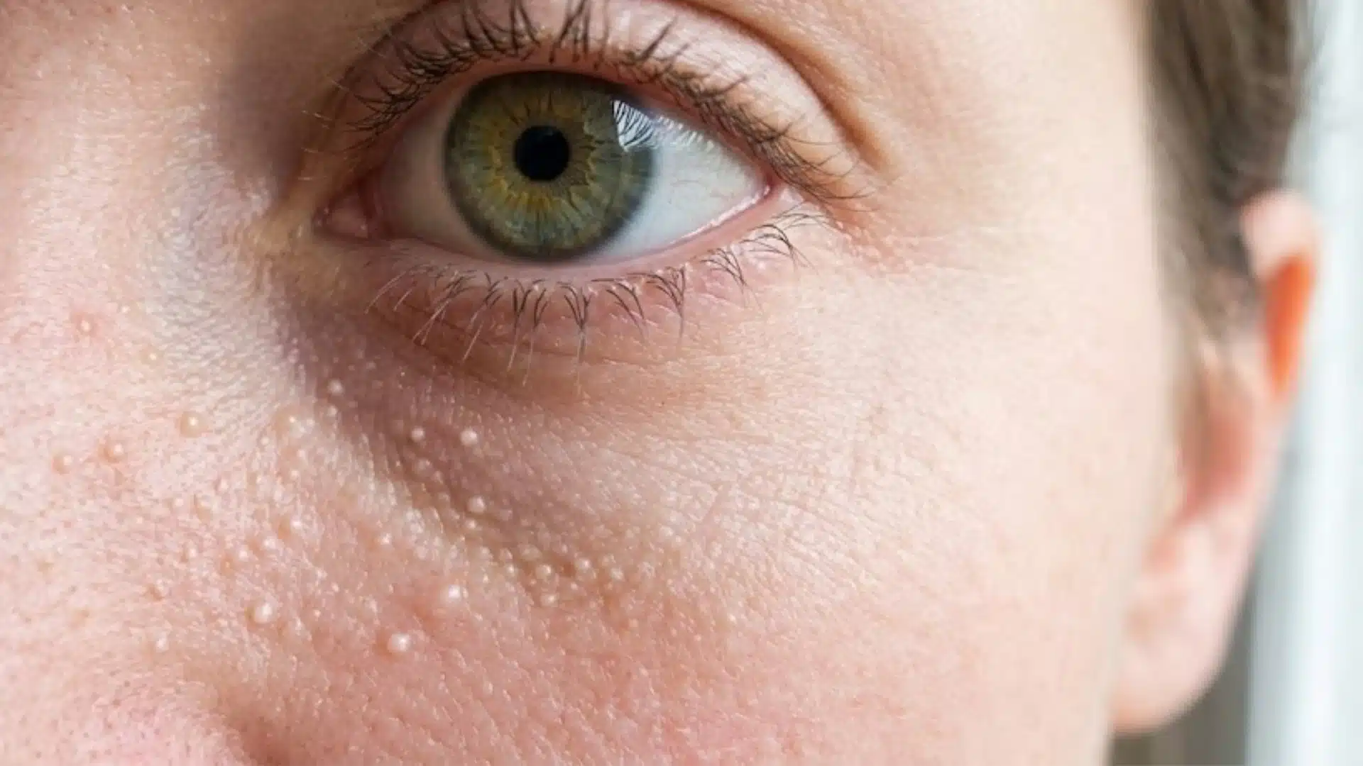 Close-up of milia beneath the eye and on the upper cheek, showing small white keratin-filled bumps on skin