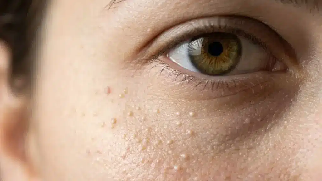 Close-up of milia under the eye and across the cheek, showing multiple small white bumps on facial skin